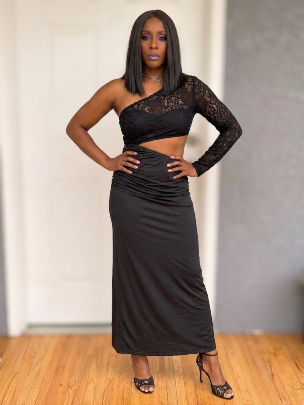 One-Shoulder Black Lace Maxi dress